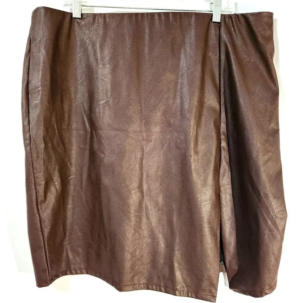 Maree Pour Toi Chocolate Brown Skirt Plus Size 2X Faux Leather Lined Retro Sexy